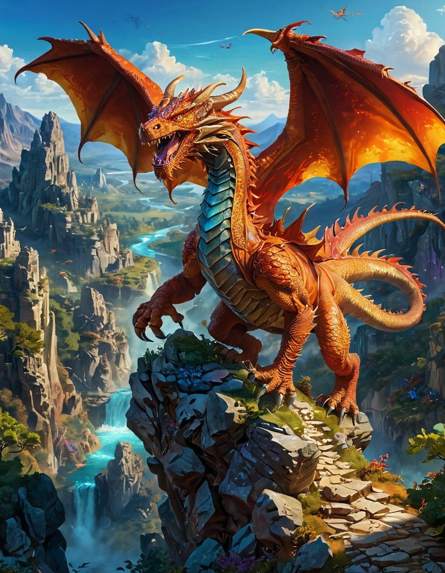 A fierce and majestic dragon soaring over a vibrant landscape, embodying the spirit of adventure and strategy. The dragon is surrounded by a diverse group of fantasy characters, each representing different facets of the Drago community. Elements of ancient ruins and a shimmering treasure hoard are visible below, highlighting epic quests and challenges. The color palette is rich and dynamic, symbolizing the thrilling journey ahead. fantasy art. vibrant colors. 3D.