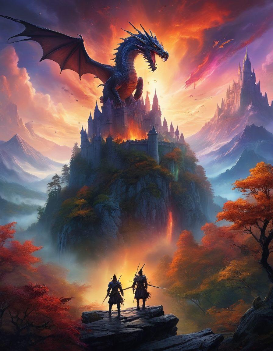 A mystical landscape featuring a fierce dragon soaring over vibrant, enchanted forests and ancient castles. The foreground depicts a diverse group of warriors from the Drago Clan, equipped with imaginative weapons and armor, strategizing together. The sky is filled with magical auroras, and fantastical creatures can be seen in the background. The atmosphere should evoke a sense of adventure and camaraderie. super-realistic. vibrant colors. fantasy art.